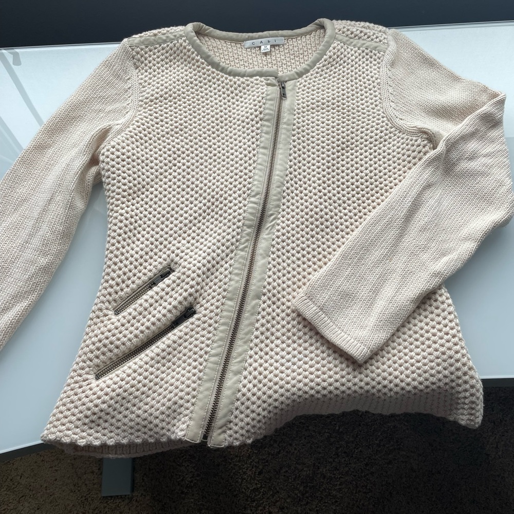CAbi Cream/Ivory Textured Cotton Asymmetrical Zip Sweater Cardigan